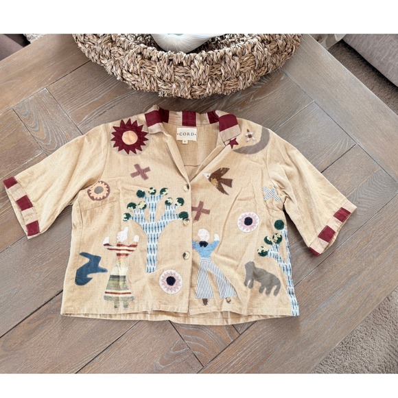 Cord Tops - Cord Applique Patchwork Shirt Women Tan Small Desert Celestial Boho Button Up